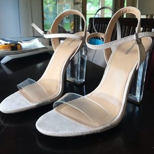 Express Clear Heeled Nude Suede Heels!